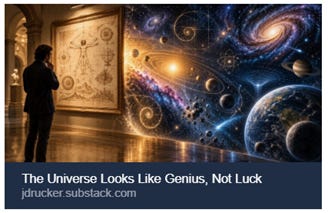 The image depicts a person standing in front of a cosmic mural, showcasing a star-filled universe with intricate designs. AI-generated content may be incorrect.