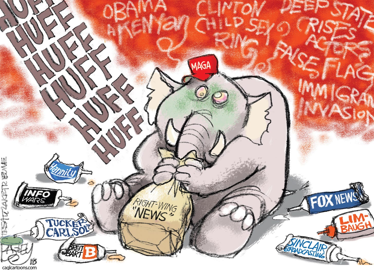 Political cartoon U.S. midterm election right-wing news Fox Info Wars MAGA fake  news glue | The Week