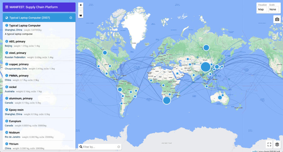 Capture d'écran du site Manifest, présentant une carte des flux de matières nécessaires à la fabrication d'un ordinateur protable