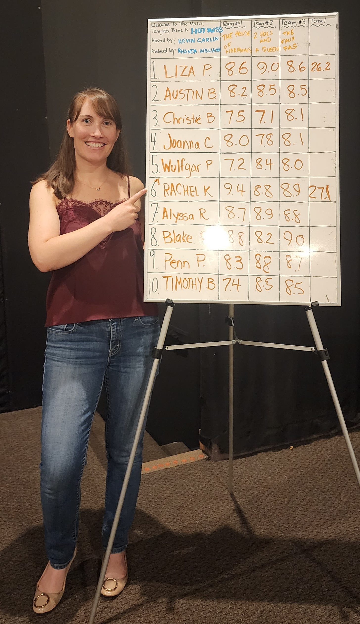 Rachael Kuintzle is pointing to her name on the StorySLAM scoreboard, which shows her winning score.
