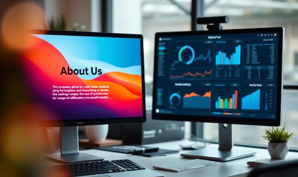 Two computer monitors on a modern office desk: the left screen displays a colorful 'About Us' page with company mission statement, while the right screen shows detailed analytics dashboards with charts and performance metrics. Two computer monitors on a modern office desk: the left screen displays a colorful 'About Us' page with company mission statement, while the right screen shows detailed analytics dashboards with charts and performance metrics.