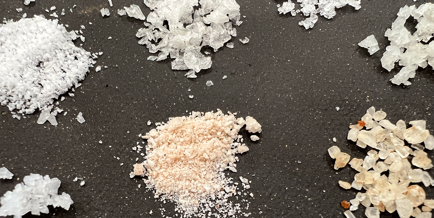 close up photo of 6 different piles of salt close up photo of 6 different piles of salt