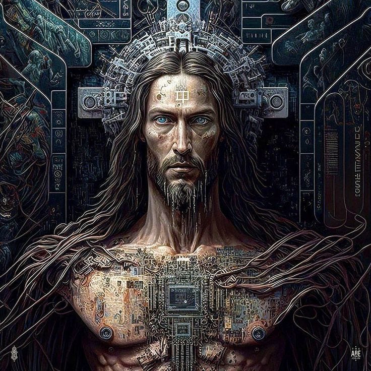 This may contain: the man is surrounded by many wires and electronic devices in his body, as if he was an artist