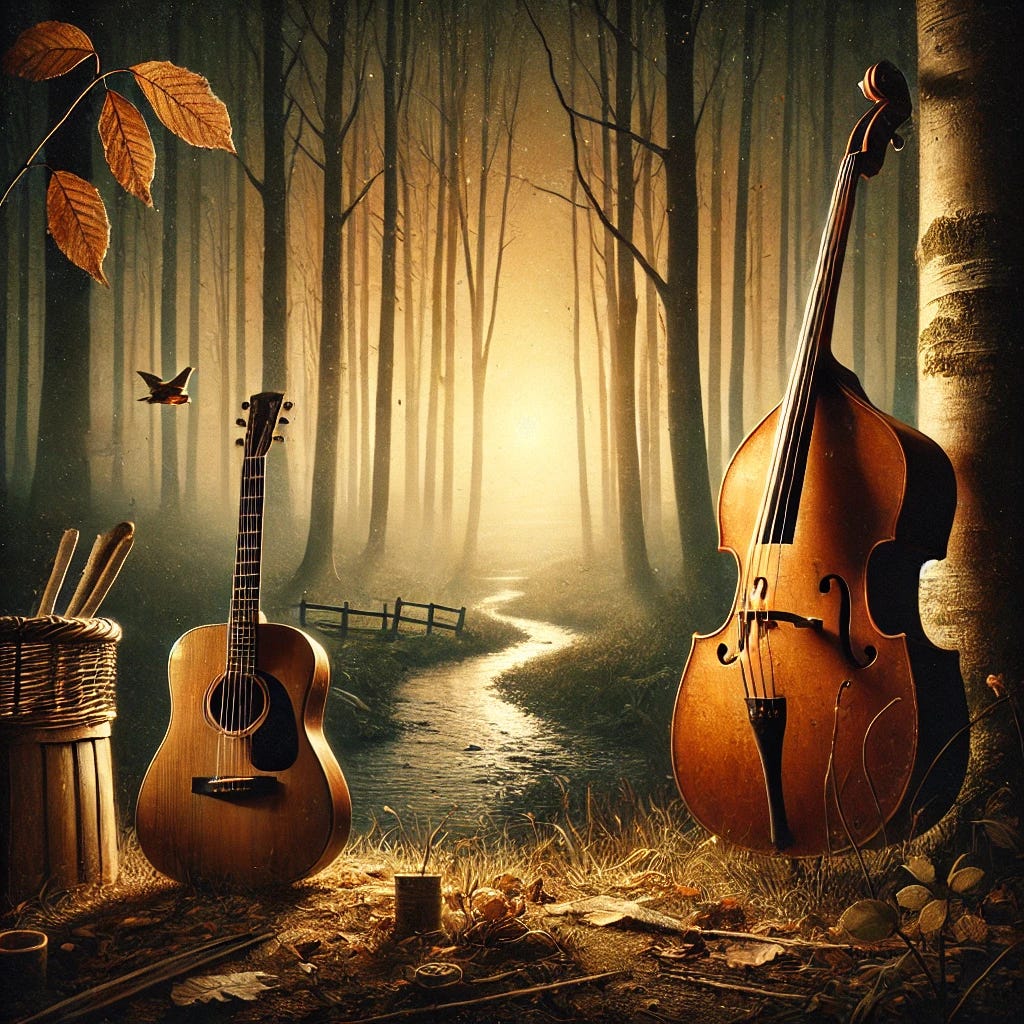 An artistic representation of The Wood Brothers' album *Heart is the Hero*, showing a rustic, acoustic vibe. In the foreground, a guitar and upright bass are placed in a serene outdoor setting, with light streaming through the trees. A path winds through a forest, symbolizing a journey, and in the background, the sun rises, casting a warm, golden glow. The mood is reflective and emotional, capturing the themes of resilience, vulnerability, and connection. Soft light and earth tones dominate the scene, with subtle details like leaves, and birds in flight, adding depth to the composition.