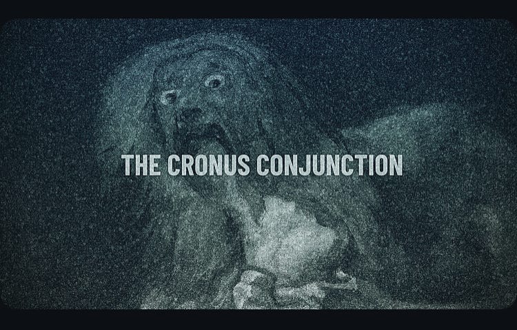 A black and white close-crop of Goya's 'Saturn Devouring his Son', obscured by static. Over the artwork is the text 'The Cronus Conjuntion.'