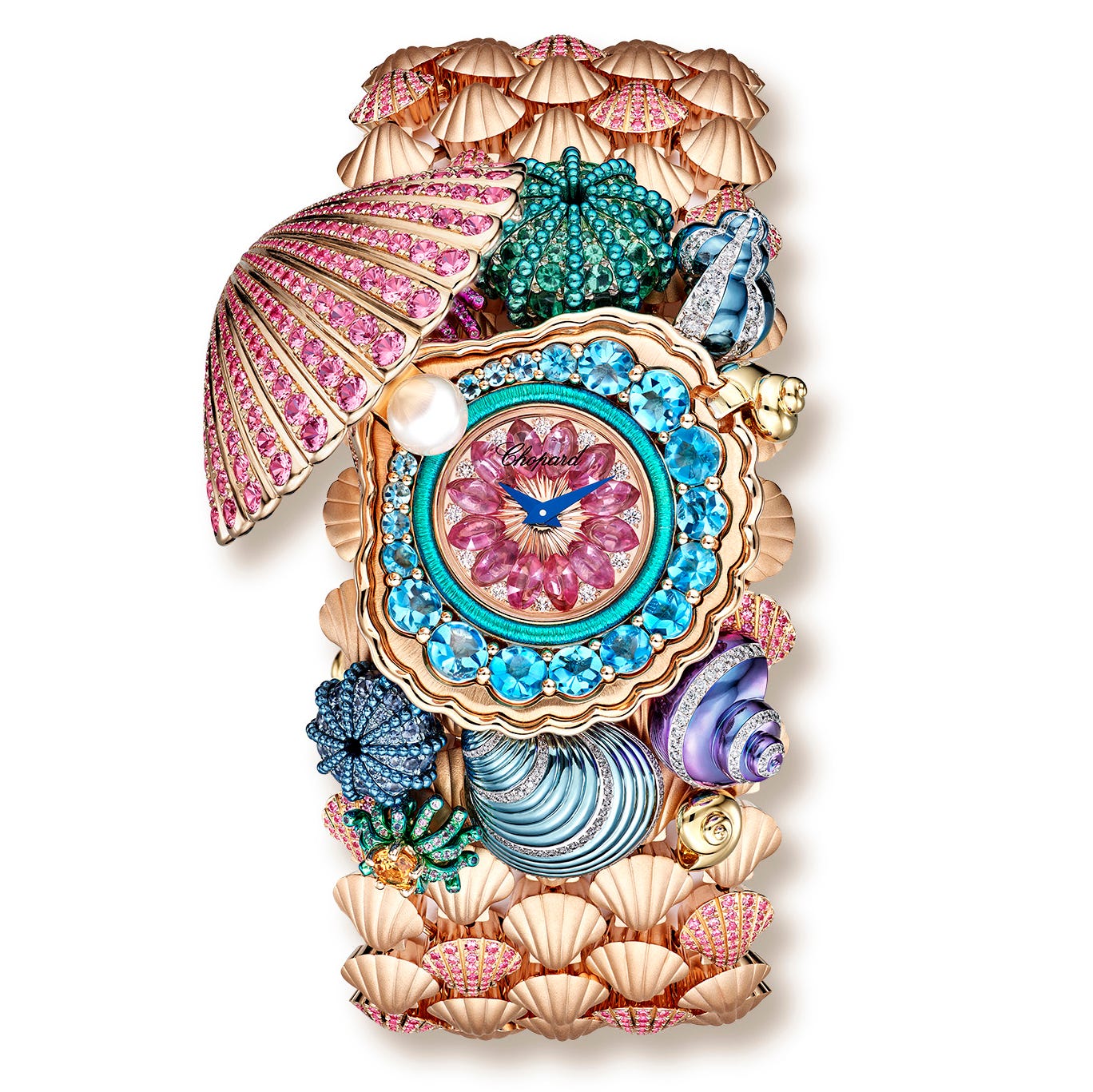 Exquisite high-jewelry watch crafted from ethical gold, adorned with diamonds and sapphires, featuring a concealed dial and maritime-inspired design.