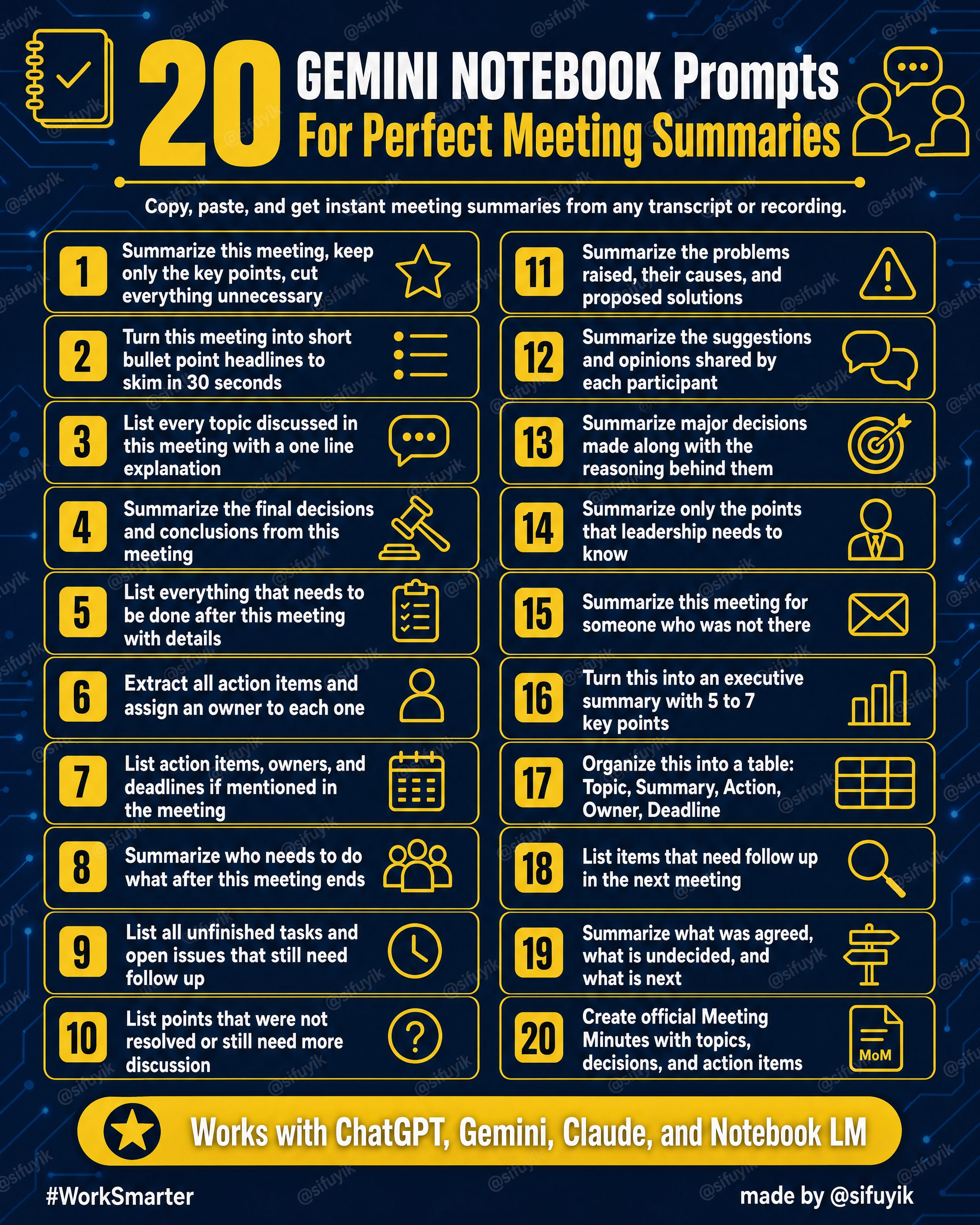 20 AI PROMPTS FOR PERFECT MEETING SUMMARIES