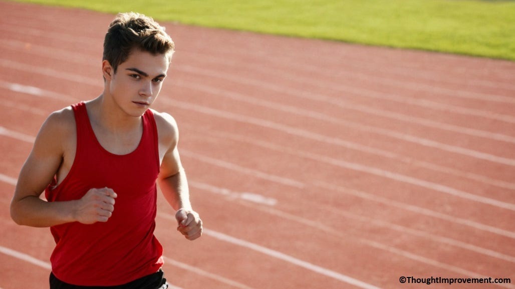 Someone jogging laps on a track.