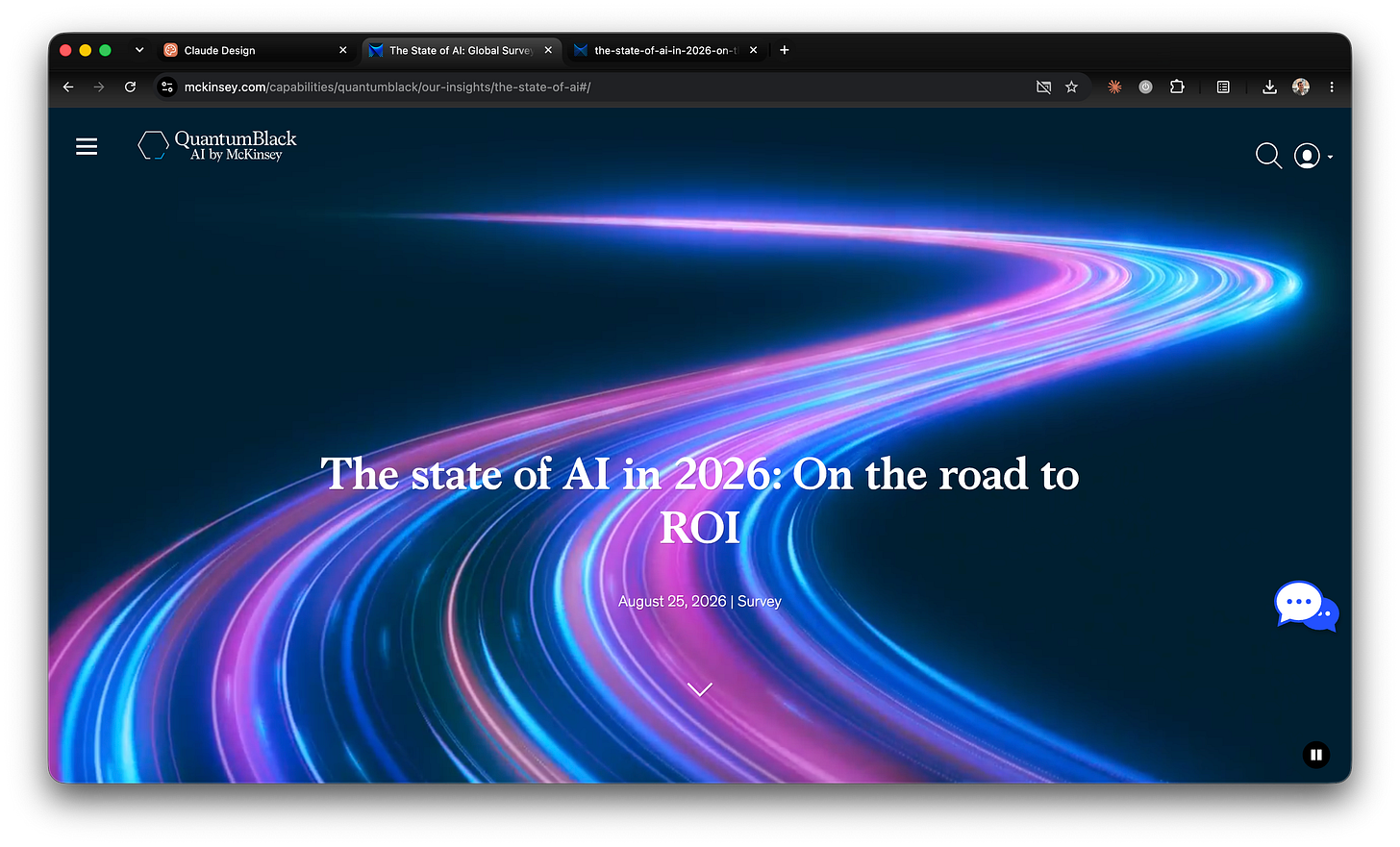 The McKinsey QuantumBlack web page for the report titled "The state of AI in 2026: On the road to ROI", dated August 25, 2026, with a dark blue hero image of light trails. The McKinsey QuantumBlack web page for the report titled "The state of AI in 2026: On the road to ROI", dated August 25, 2026, with a dark blue hero image of light trails.