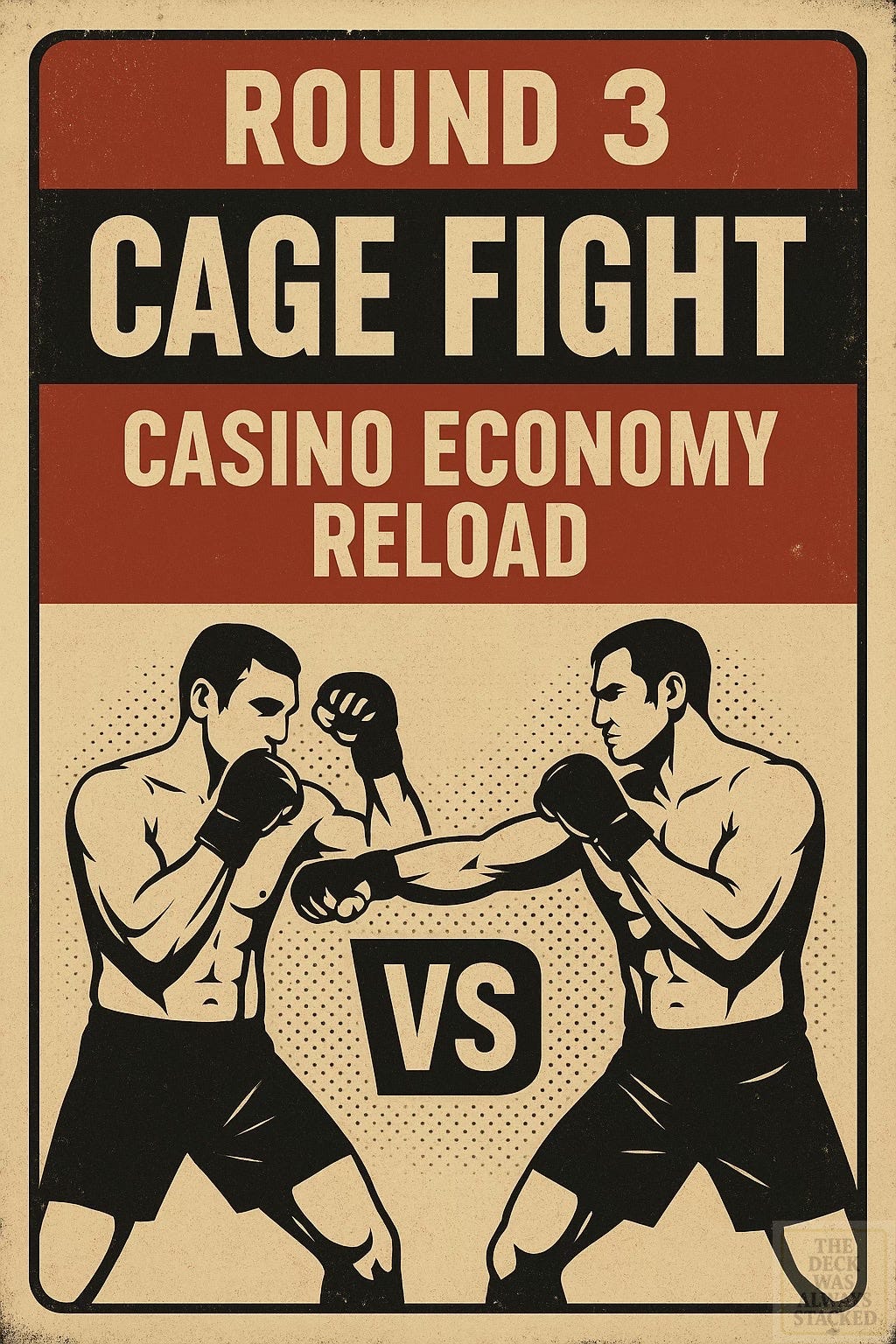 Distressed vintage boxing card titled “Round 3: Casino Economy Reload” with slot-machine motifs and a battered punching-bag texture. Distressed vintage boxing card titled “Round 3: Casino Economy Reload” with slot-machine motifs and a battered punching-bag texture.