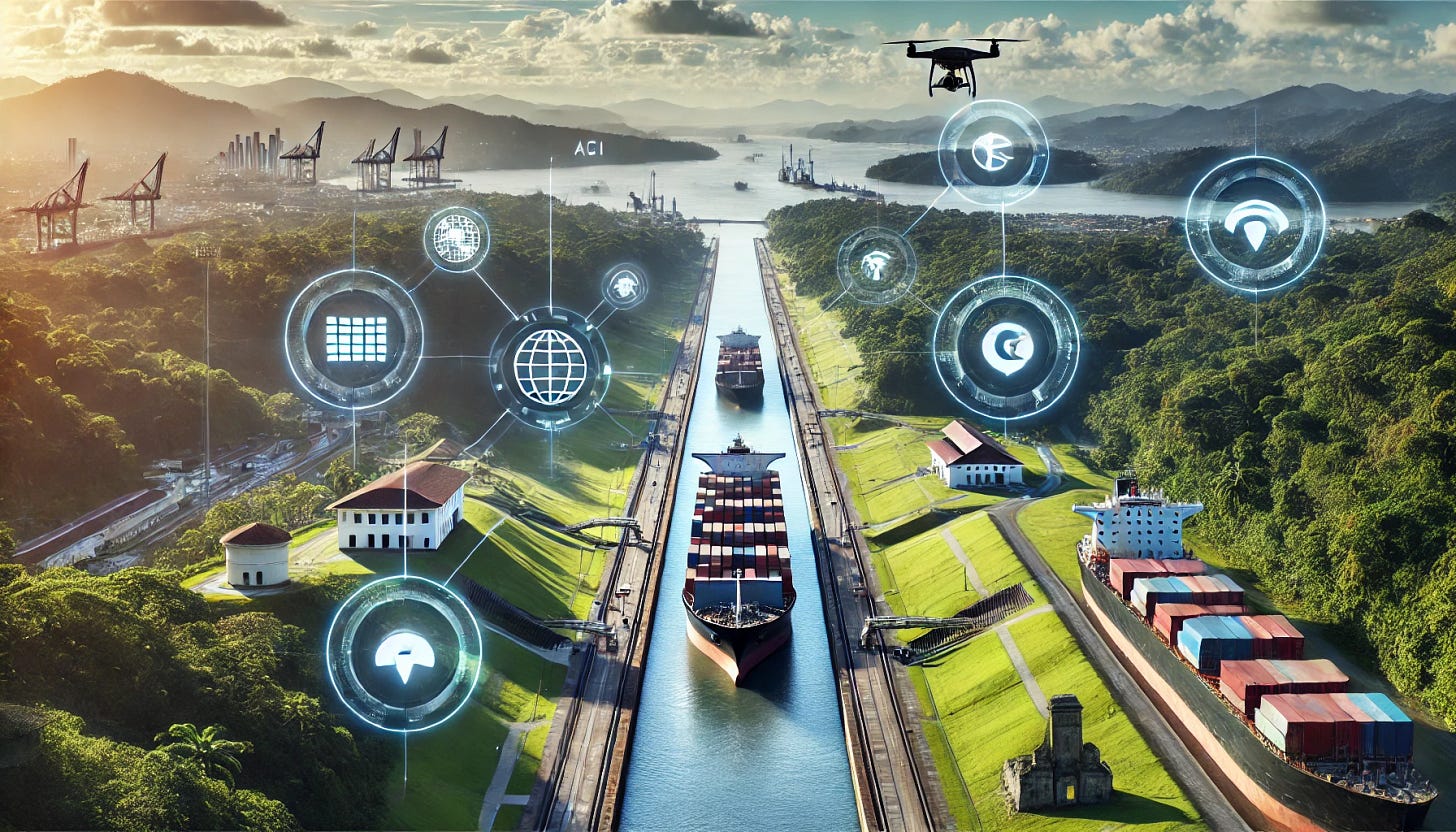 A realistic and optimistic depiction of the Panama Canal, accurately representing its navigational path with massive cargo ships passing through the locks, surrounded by lush tropical rainforest and the natural environment of Panama. Modern technology symbols overlay the scene, including digital data streams, AI network lines, cyber security shields, satellite communication icons, and drone surveillance elements. These symbols integrate seamlessly into the landscape, representing technological advancements in trade, security, and logistics. The scene maintains a balance between historical elements like the Panama Viejo ruins and futuristic digital innovations, symbolizing progress and economic growth.