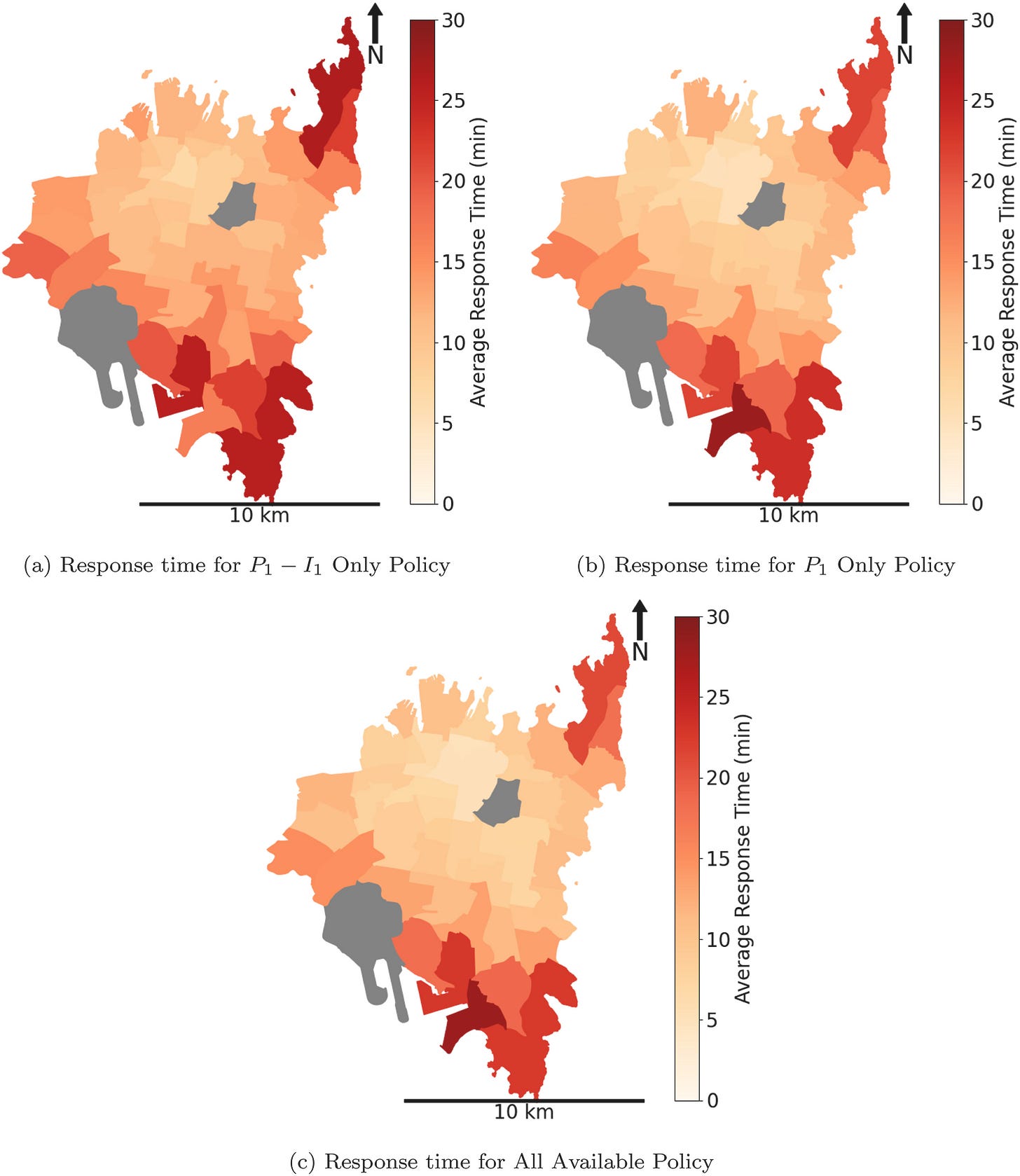 Fig. 15. Spatial distributions of response time in relation to different policies. The maps illustrate response times from simulations involving 4 special vehicles and 80 incidents, including 20% special incidents - of incidents. The red colors depict the average response time of all incidents in the regions; lighter colors indicate shorter response times, while grey indicates areas with no residents. (For interpretation of the references to color in this figure legend, the reader is referred to the Web version of this article.) Fig. 15. Spatial distributions of response time in relation to different policies. The maps illustrate response times from simulations involving 4 special vehicles and 80 incidents, including 20% special incidents - of incidents. The red colors depict the average response time of all incidents in the regions; lighter colors indicate shorter response times, while grey indicates areas with no residents. (For interpretation of the references to color in this figure legend, the reader is referred to the Web version of this article.)
