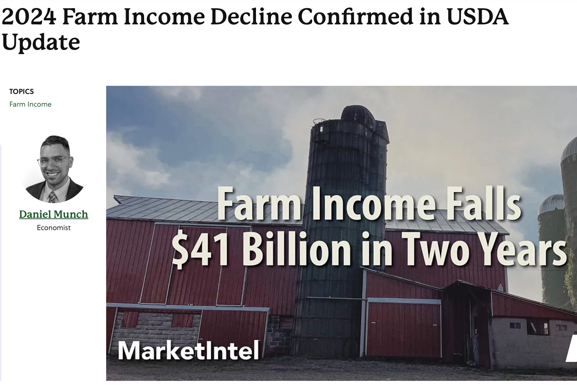 Farm Bureau, the NGO ostensibly there for farmers, explains how poorly US farmers have done since 2022. Net farm income down 25% from 20022 peak.