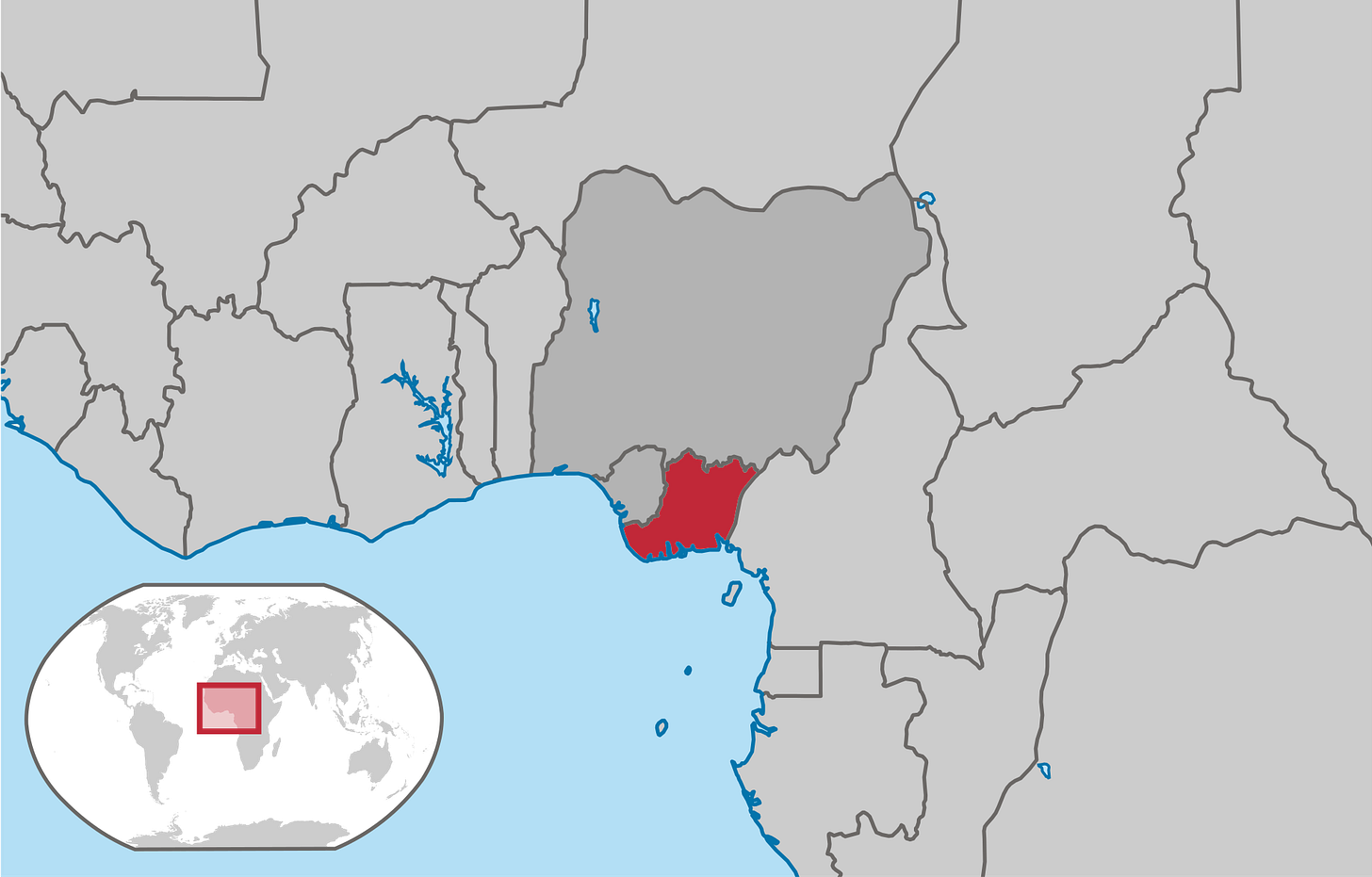 The Republic of Biafra in red, with its puppet state of the Republic of Benin in striped red, and Nigeria in dark gray.