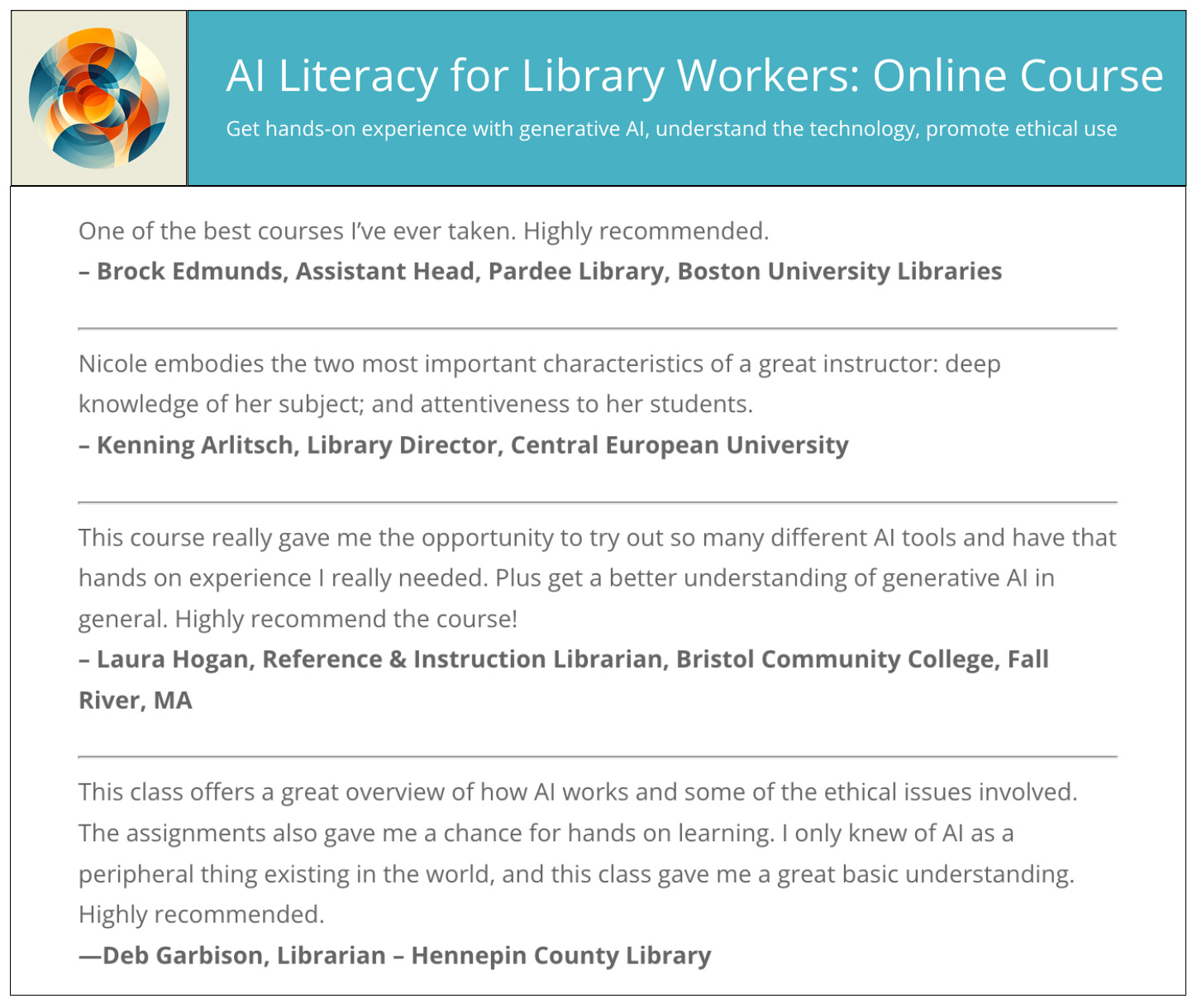 Testimonials from several librarians who took AI Literacy for Library Workers