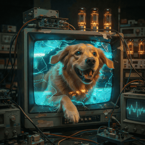 Perro saliendo de un CRT vintage — el meme viral en ladridos