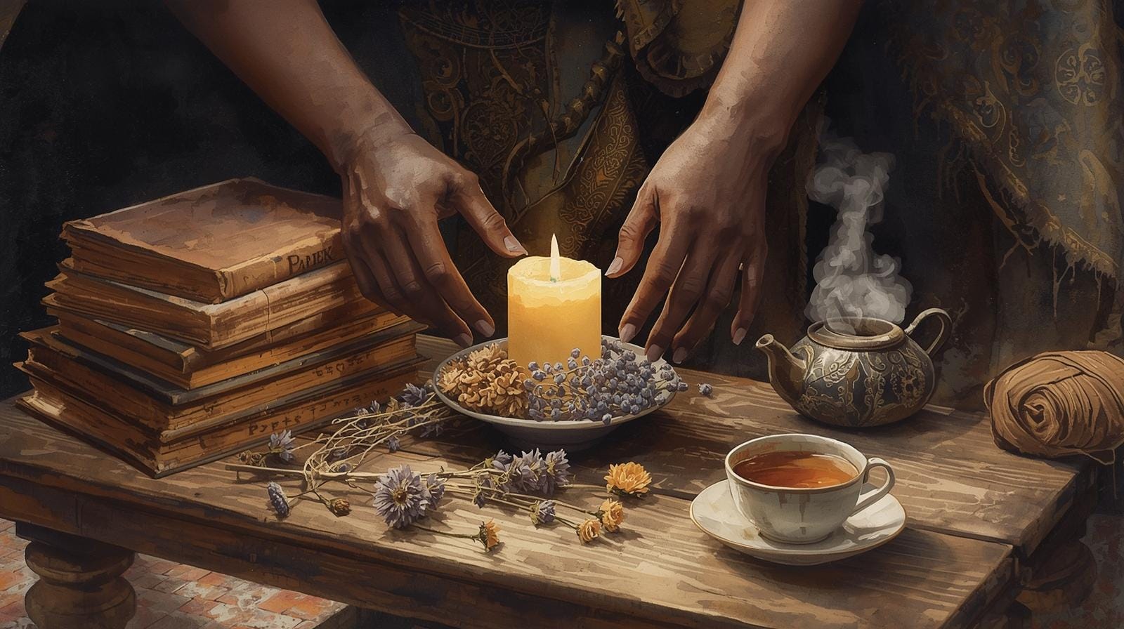 A cozy tabletop altar with candles, herbs, and books arranged for a personal ritual.