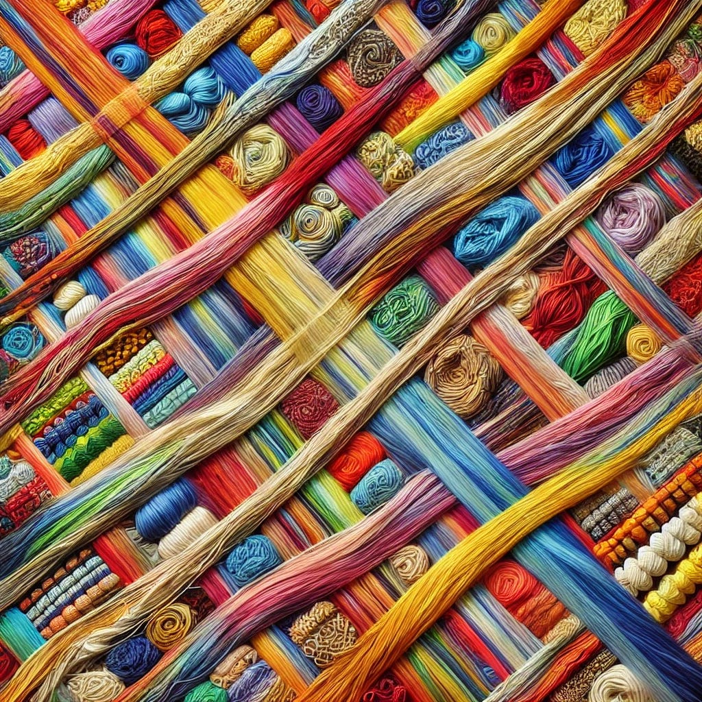 A vibrant tapestry made of colorful, interwoven threads symbolizing diversity. Each thread is distinct in color and texture, representing different cultures, backgrounds, and identities. The tapestry is beautifully illuminated, emphasizing the richness and harmony of each thread. No text or writings, just the artistic beauty of the woven yarns.