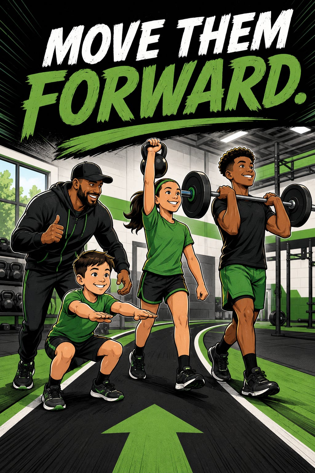 Mighty Oak Athletic poster reading "Move Them Forward," showing a smiling coach giving a thumbs-up to three young athletes in green and black — a boy doing a bodyweight squat, a girl pressing a kettlebell overhead, and a teen holding a barbell across his shoulders — on a track with a green arrow in a strength gym in Westmont, IL.