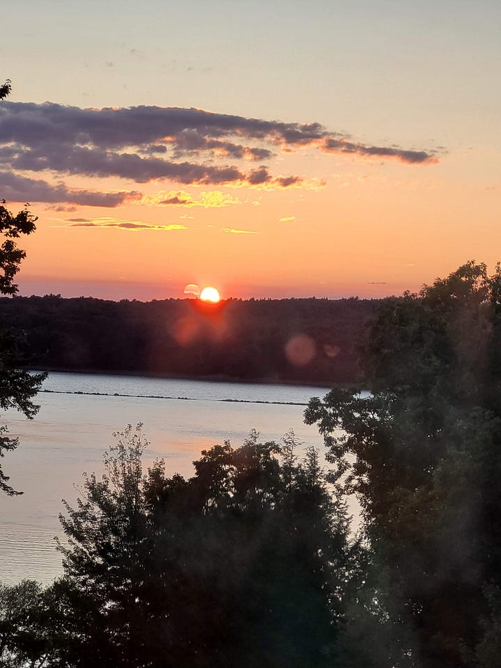 Teen boy watching the sunset and another photo of the sunset over the Kennebec River in Dresden, Maine
