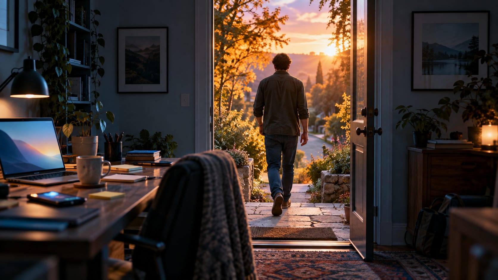 A man seen from behind walks out of a cool, dim home office onto a tree-lined path in golden afternoon light, leaving a cluttered desk behind. A man seen from behind walks out of a cool, dim home office onto a tree-lined path in golden afternoon light, leaving a cluttered desk behind.