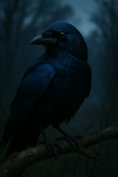 Create an image of Muriel Vinshaw from Curse of Strahd in her guise as the blue winged raven: a majestic raven with shimmering blue-black feathers, intelligent eyes, and a hint of magical aura, perched on a twisted branch in the misty Barovian forest