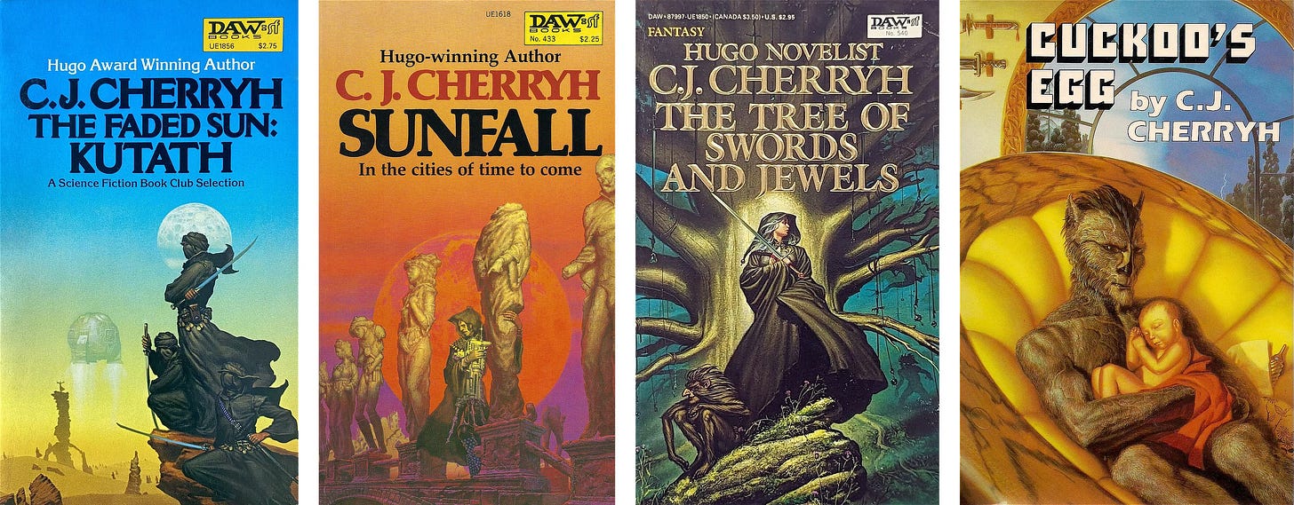 DAW book covers for KUTATH, SUNFALL, and TREE OF SWORDS AND JEWELS plus the hardback of CUCKOOS EGG written by C.J. Cherryh DAW book covers for KUTATH, SUNFALL, and TREE OF SWORDS AND JEWELS plus the hardback of CUCKOOS EGG written by C.J. Cherryh