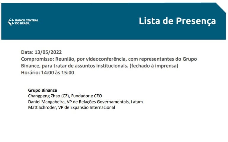 Agenda de Roberto Campos Neto, Presidente do Bacen, em reunião com representantes da Binance, como CZ. Reprodução