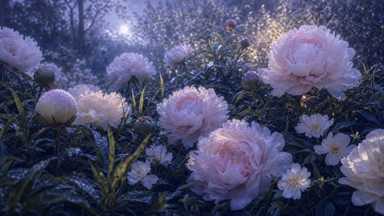 Pale peonies covered in dew bloom in a dark garden under soft bluish moonlight. Pale peonies covered in dew bloom in a dark garden under soft bluish moonlight.