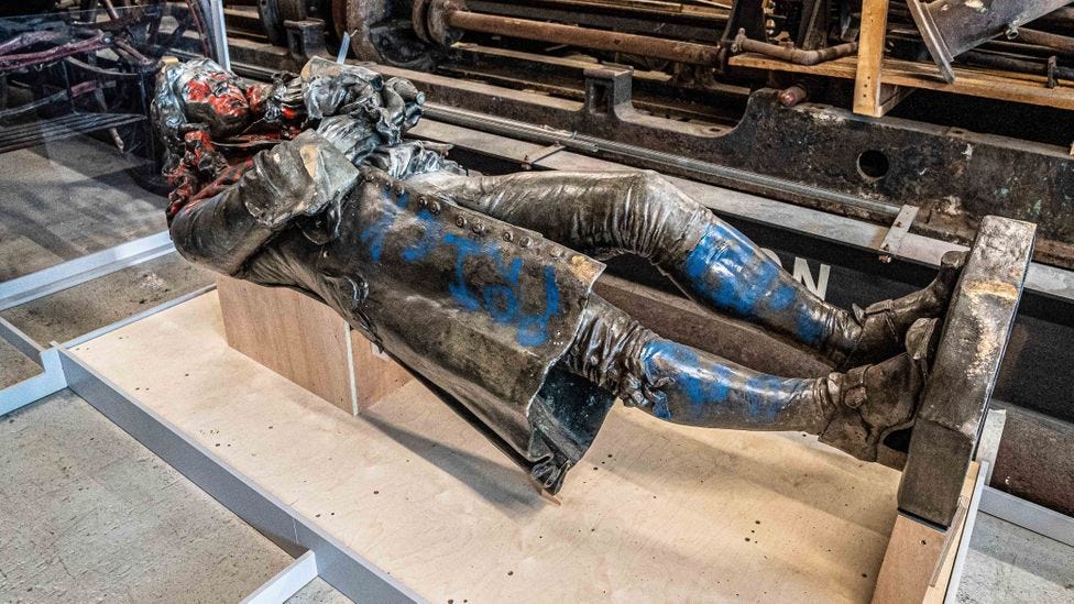 The graffitied statue of the slave trader and philanthropist is now on display at M-Shed (Credit: Richard Collett)