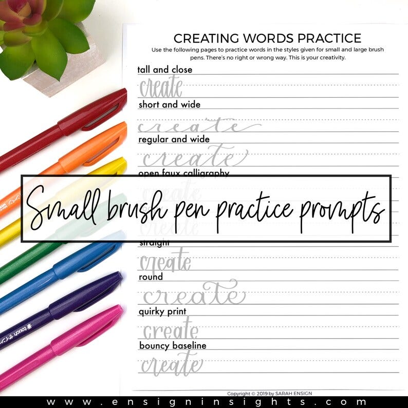 May include: A printable worksheet with the word "create" written in different styles using a brush pen. The worksheet includes instructions for practicing different brush pen styles, such as tall and close, short and wide, regular and wide, and open faux calligraphy. The worksheet also includes prompts for practicing different brush pen styles, such as straight, round, quirky print, bouncy baseline, and more.