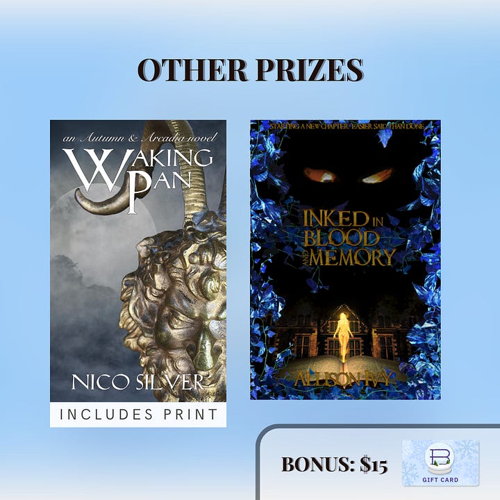 The Holiday Pact Duo and Other Prizes. Shows book covers of books featured in giveaway. And text showing which books get prints. Bonus: $15 gift card