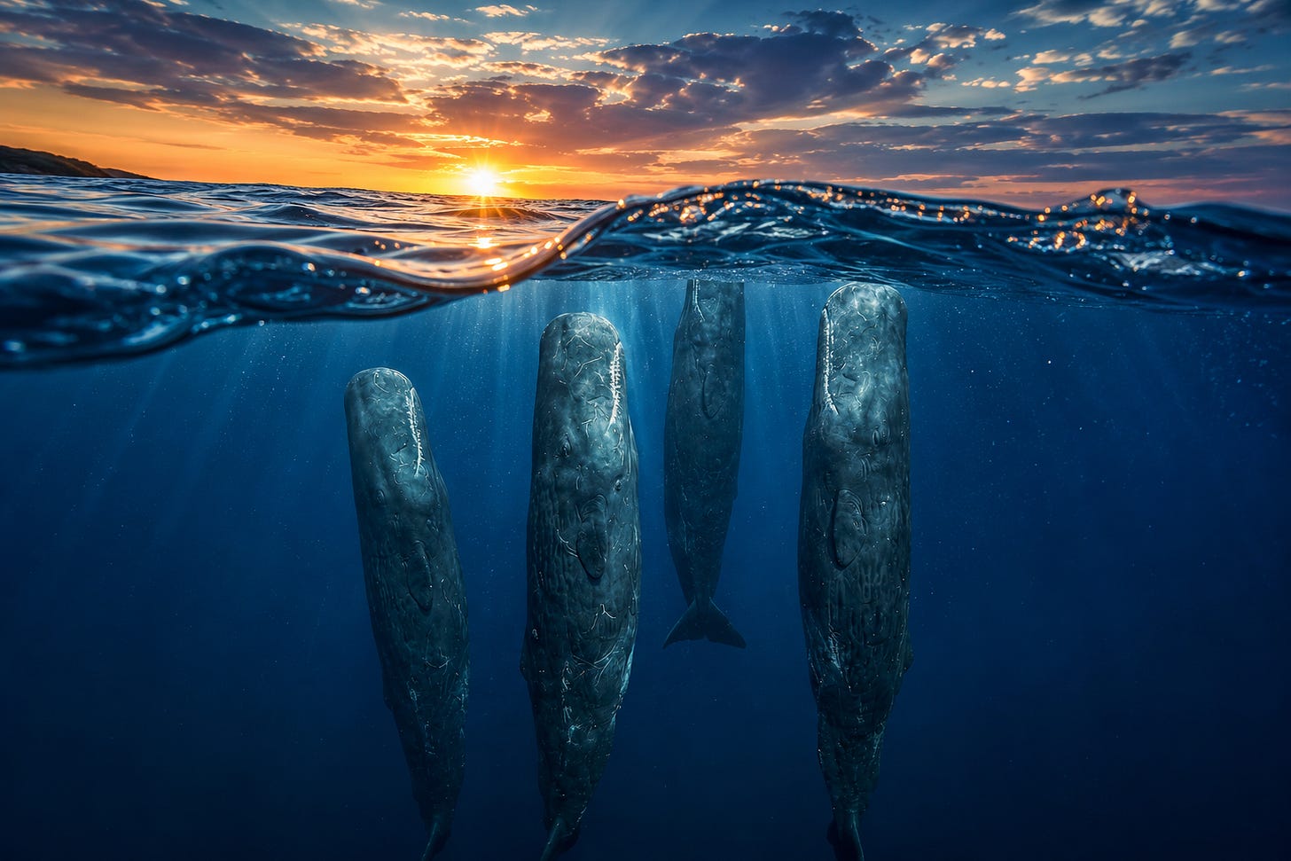 Enhanced cinematic image of sperm whales sleeping vertically beneath the ocean surface, surrounded by deep blue water, glowing sunset light, and detailed rippling waves above.
