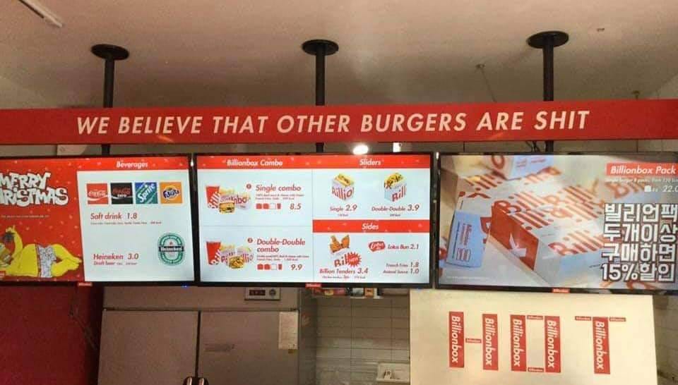 r/funny - Korean Burger place just come right out and say it.