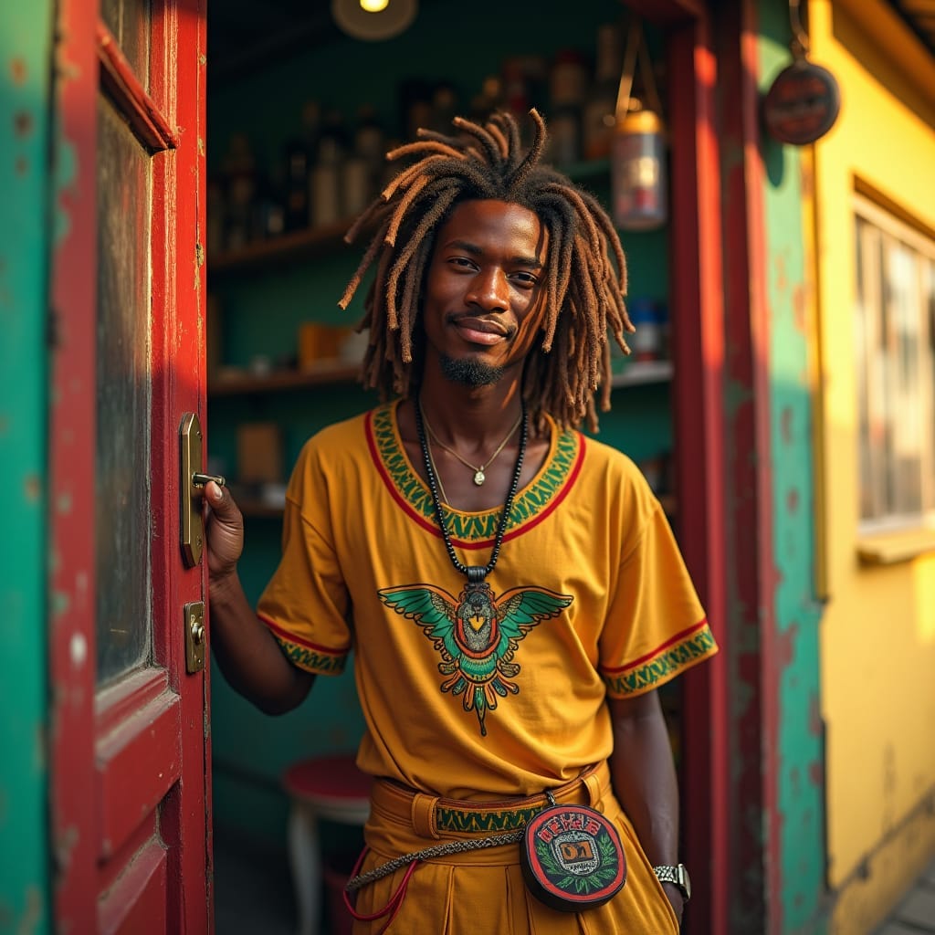 A beautiful young Chinese Rastafarian man, adorned in vibrant dreadlocks and traditional Jamaican attire, stands proudly in front of his colorful shop, as he unlocks the door and prepares for the day's customers, set against the stunning Jamaican backdrop, with warm cinematic lighting casting a golden glow on his face