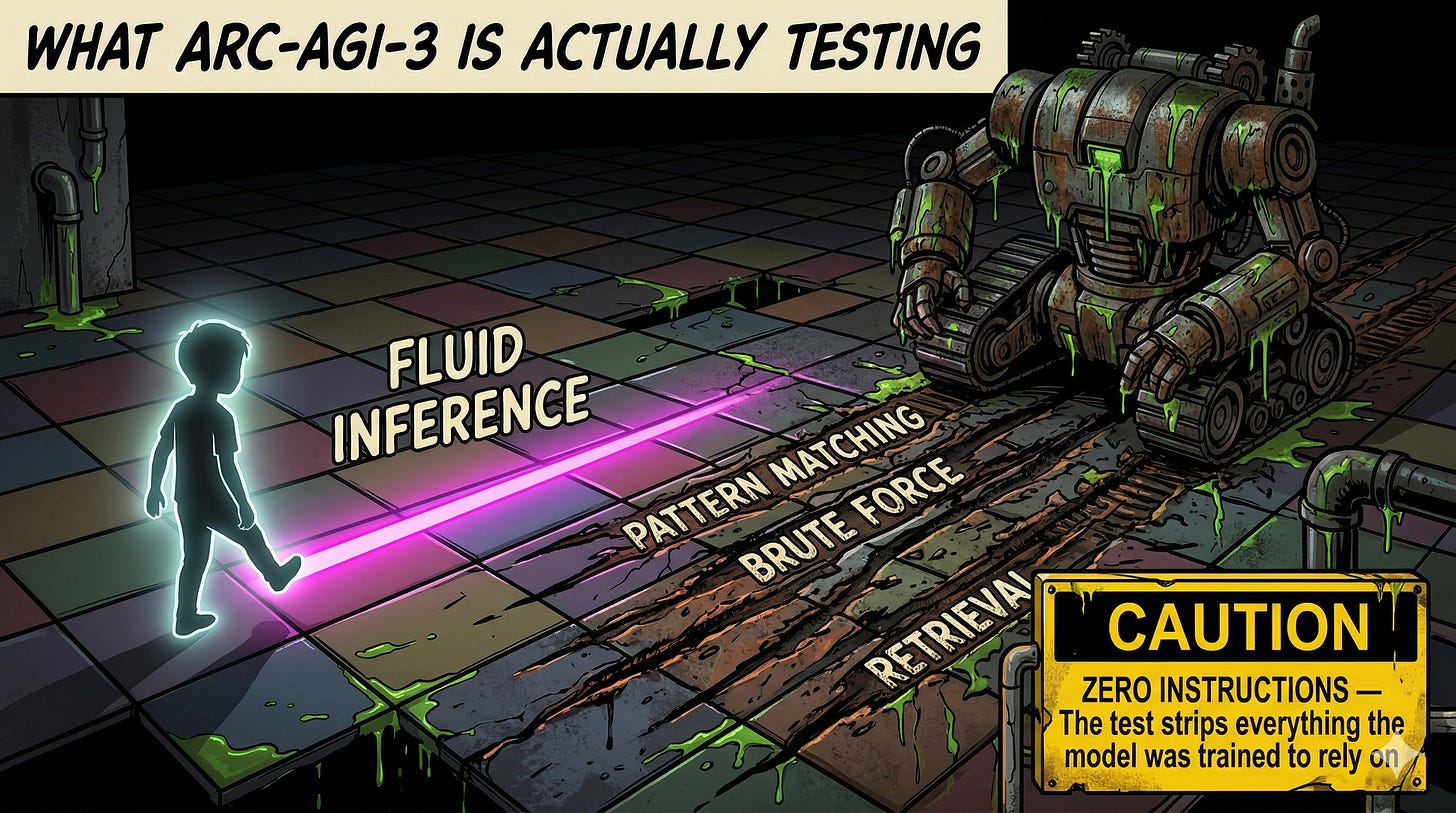ARC-AGI-3 interactive grid environment showing an AI agent’s brute-force exploration path compared to the efficient human solution path, illustrating the abstract reasoning gap in AI benchmark performance ARC-AGI-3 interactive grid environment showing an AI agent’s brute-force exploration path compared to the efficient human solution path, illustrating the abstract reasoning gap in AI benchmark performance