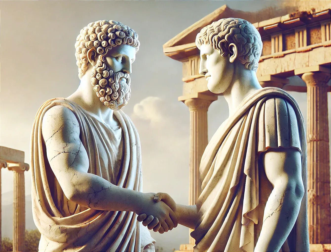 The image shows two ancient Greek or Roman statues of men shaking hands in front of classical columns. One of the figures has a full, curly beard, while the other is clean-shaven, both dressed in traditional togas. The background features grand temple-like structures, weathered with time, suggesting a historical or philosophical context. The scene evokes themes of agreement, wisdom, or a meeting of minds from a classical era.