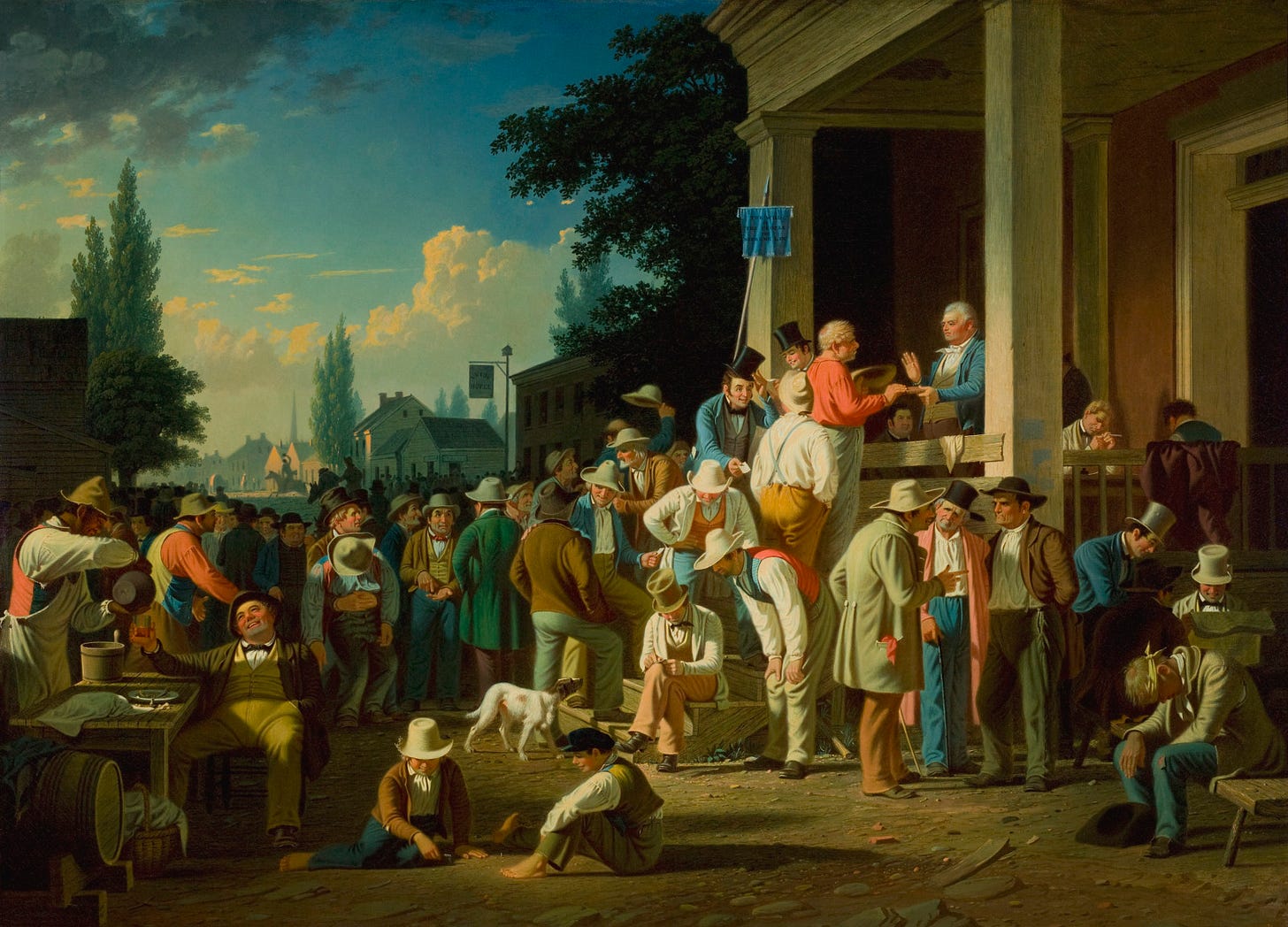 A detailed painting showing a lively Election Day scene in antebellum Missouri, with voters gathering at a polling place to cast their ballots while engaging in political discussion and community activities.