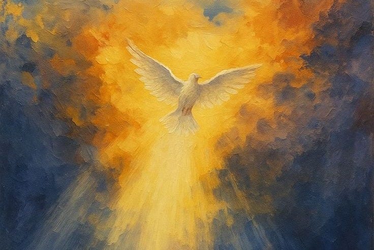 This may contain: a painting of a white dove flying in the sky with bright yellow and blue clouds