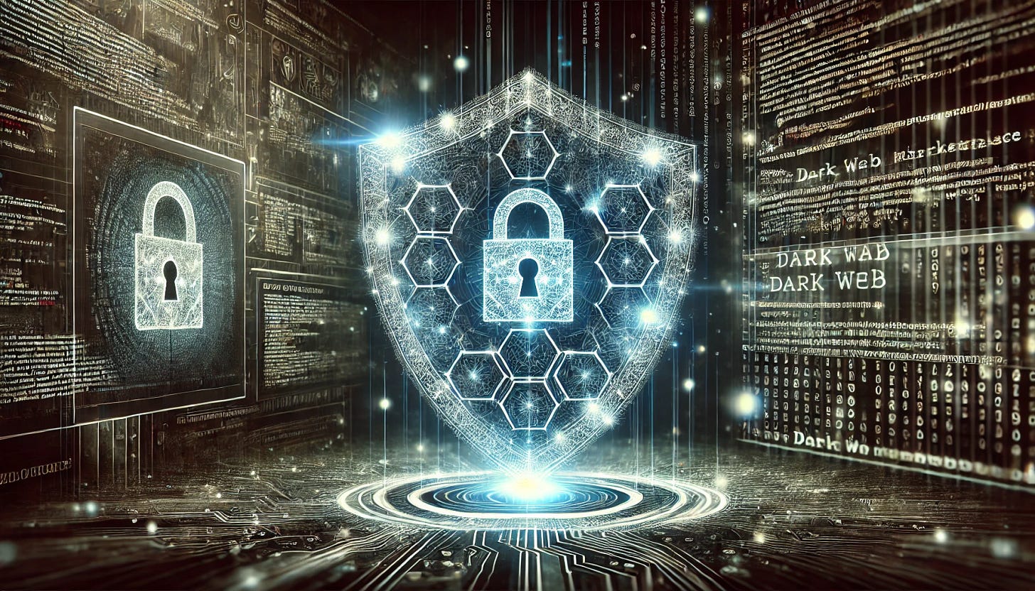 A high-definition image portraying a cybersecurity defense concept, with a shield made of glowing digital patterns blocking a stream of malicious data. The background features abstract code and a dark web marketplace interface partially visible. The atmosphere is intense, with a focus on protection and security in a cyber environment.