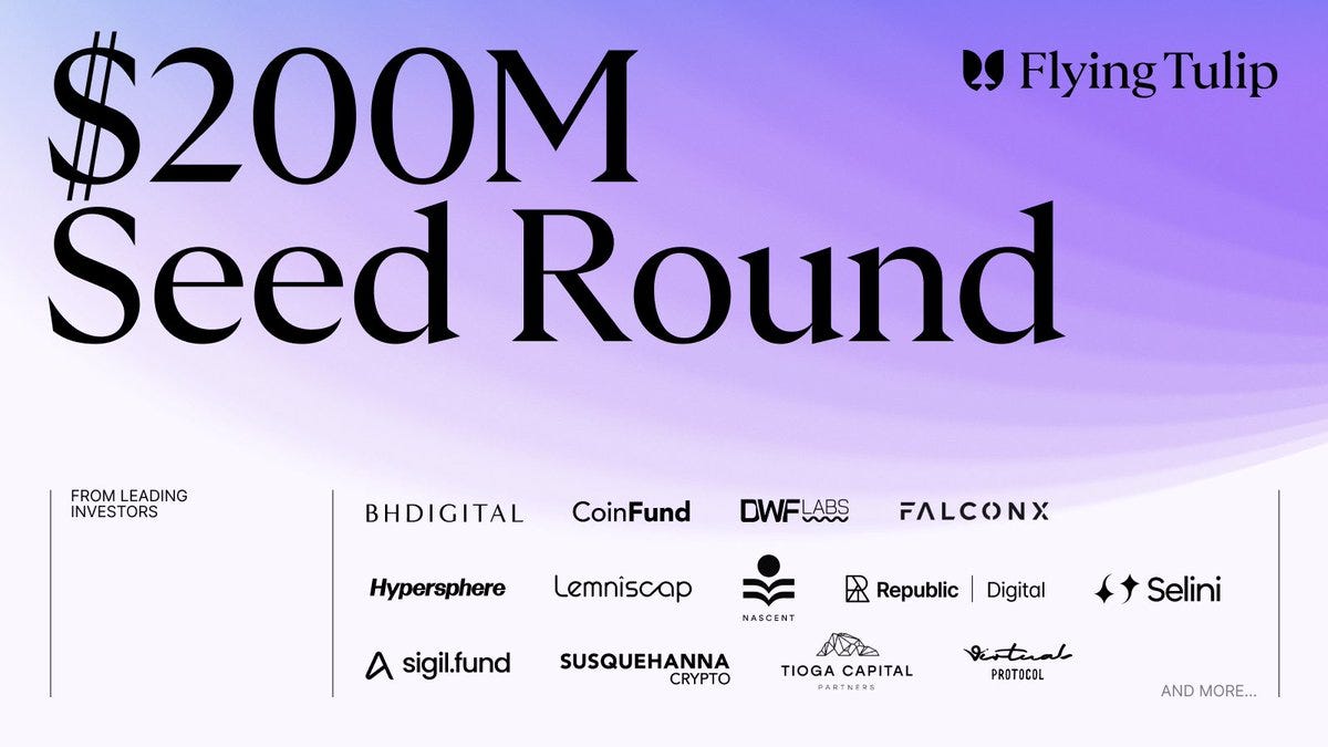 Text reading "$200M Seed Round" in large white font on a purple gradient background. Logos of companies including BHDigital, CoinFund, Hypersphere, Lemniscap, Susquehanna, and others are displayed below the text.