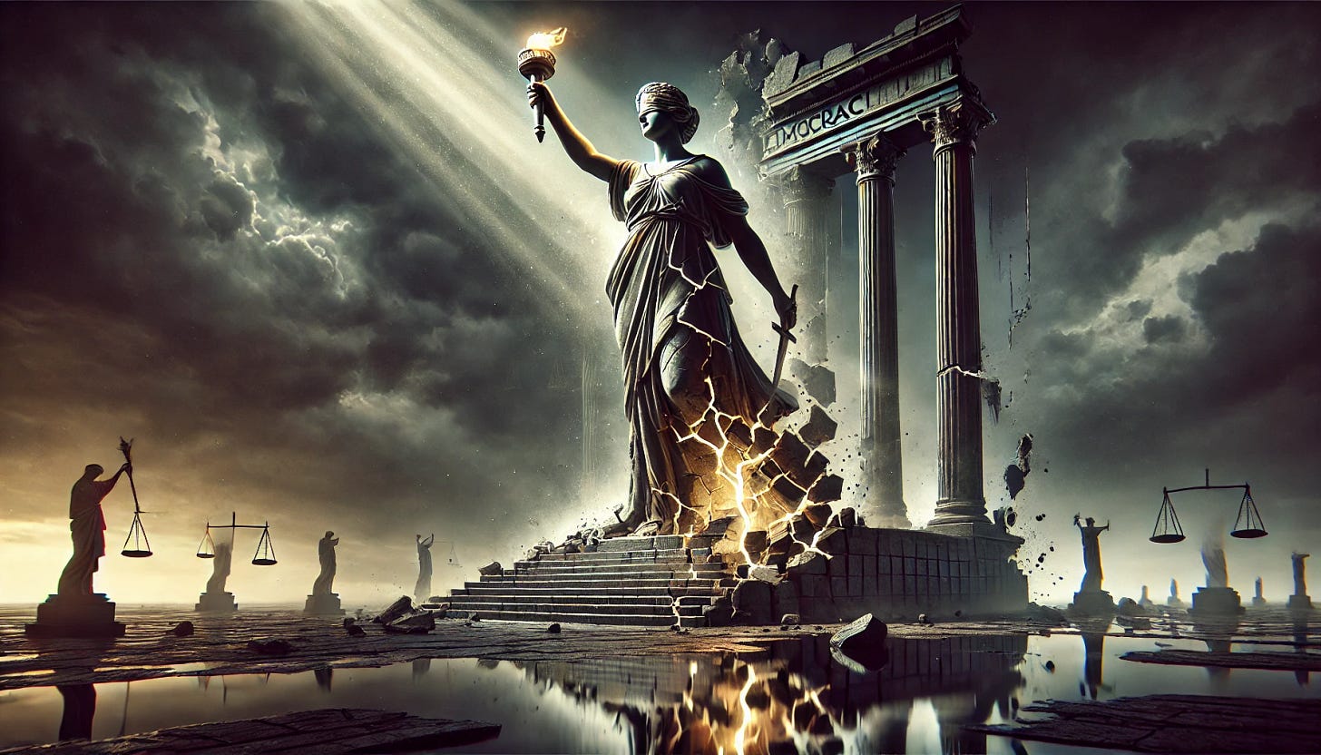 A dramatic digital painting of a grand statue symbolizing democracy, resembling Lady Justice or the Statue of Liberty, standing tall but visibly damaged—cracks running through its structure, pieces crumbling off. The statue holds a torch, but the flame is flickering and nearly extinguished. A reflection in the ground shows a past version of the statue in perfect condition, emphasizing the fall from grace. In the background, dark storm clouds swirl ominously, with shadowy figures representing internal conflicts and corruption pulling at the statue’s foundation. The lighting is moody, with a single beam of sunlight breaking through the clouds, hinting at hope or a final moment before collapse. Created using dramatic chiaroscuro lighting, detailed textures, high realism, and a cinematic composition. HD quality, natural look.