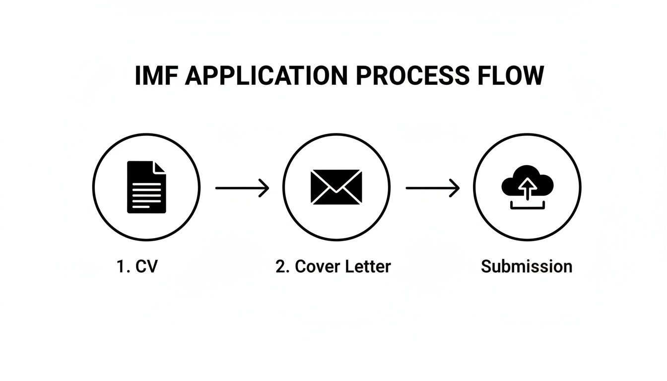 Flowchart illustrating the IMF application process with three steps: CV, Cover Letter, and Submission. Flowchart illustrating the IMF application process with three steps: CV, Cover Letter, and Submission.