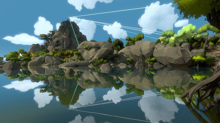 A screenshot from The Witness showing the reflection of the island creating a silhouette together with the island.;A screenshot from The Witness showing the bay location of the island; A screenshot from The Witness showing how shadows can play a role in solving the puzzle panel; A screenshot from The Witness showing how shadows can play a role in solving the puzzle panel