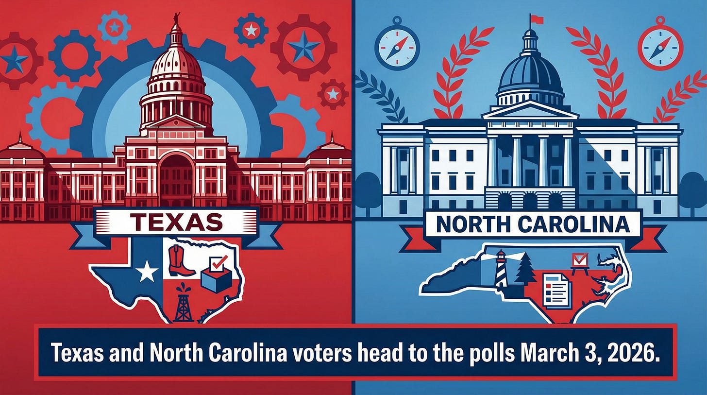 AI-generated illustration as Texas and North Carolina voters head to the polls March 3, 2026. Split image showing Texas and North Carolina. AI-generated illustration as Texas and North Carolina voters head to the polls March 3, 2026. Split image showing Texas and North Carolina.