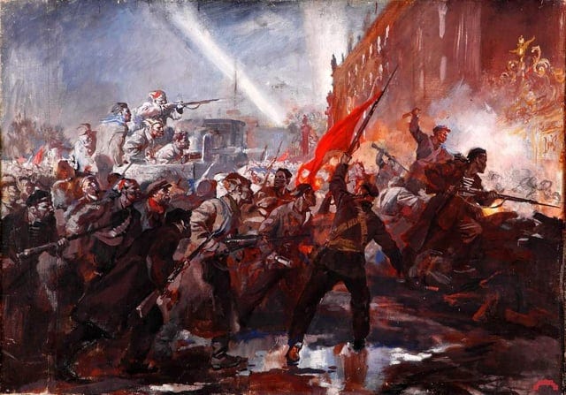 r/BattlePaintings - Storming the Winter Palace on 25 October, 1917 (Pavel Sokolov-Skalya, 1939)
