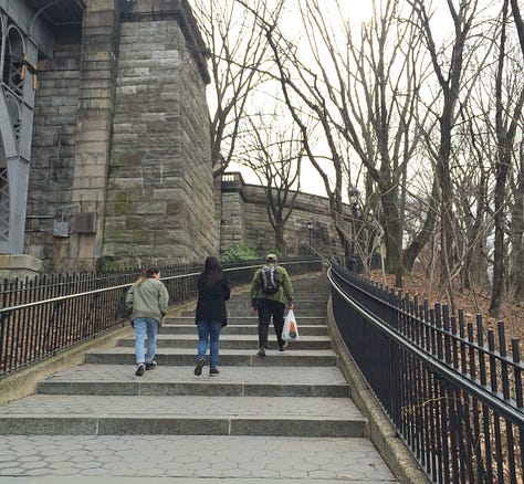 Man alone on hiking trail, man and two girls on a set of steps, and man walking through tunnel with two girls