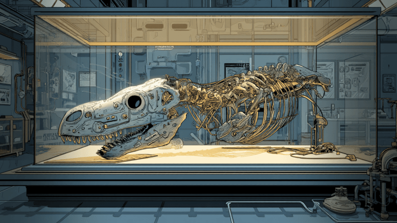 A futuristic skeletal dinosaur displayed in a glass case within a laboratory setting, showcasing intricate mechanical details.
