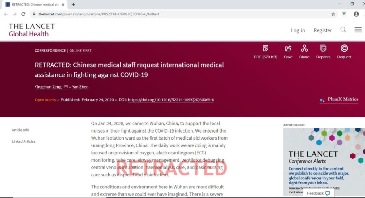 图一、曾迎春、镇艳2月24日发表在英国《柳叶刀全球健康》(THE LANCET Global Health)杂志上的文章《中国医务人员请求国际医疗支援抗击COVID-19》(Chinese medical staff request international medical assistance in fighting against COVID-19),现在已经打上了"RETRACTED"(撤销)的红色印记。(图为"柳叶刀全球健康"网页屏幕截图) 图一、曾迎春、镇艳2月24日发表在英国《柳叶刀全球健康》(THE LANCET Global Health)杂志上的文章《中国医务人员请求国际医疗支援抗击COVID-19》(Chinese medical staff request international medical assistance in fighting against COVID-19),现在已经打上了"RETRACTED"(撤销)的红色印记。(图为"柳叶刀全球健康"网页屏幕截图)