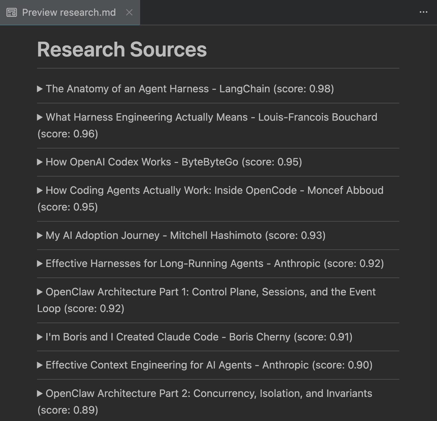 A trimmed view of Nova's collapsible-HTML research.md output.